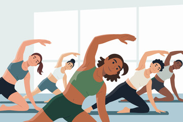 Group of individuals practicing yoga in bright studio