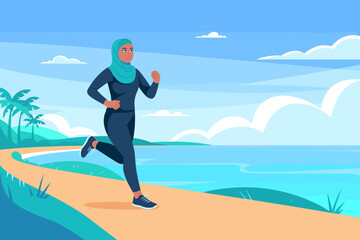 Woman jogging near ocean under bright blue sky
