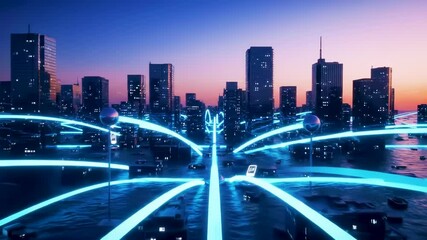 Aerial drone video concept of IoT in a futuristic city, with glowing data streams connecting smart buildings and infrastructure, representing global digital communication. - Powered by Adobe