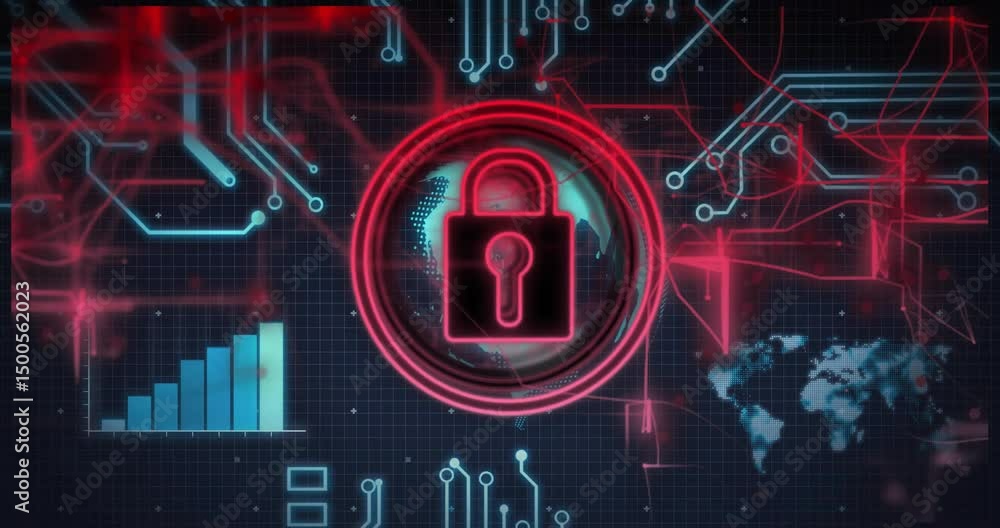 Poster grid forming globe rotating padlock locking ring pulsing and chart rising showing secure data
