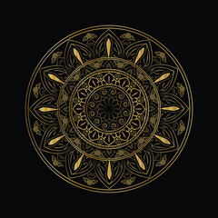 Elegant Golden Mandala with Floral and Geometric Patterns on a Black Background