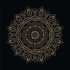 Intricate Golden Mandala Design on Black Background, Geometric and Floral Pattern Illustration