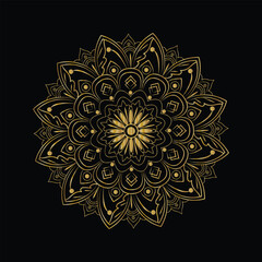 Ornate Gold Mandala Design on Black Background, Round Symmetrical Decorative Pattern