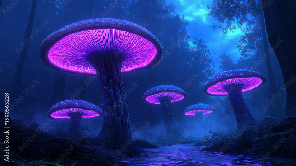 Poster enchanting bioluminescent mushrooms glowing in mysterious forest at night with ethereal light and fo