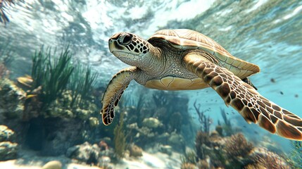 Obraz premium Sea turtle gracefully swimming through a vibrant coral reef underwater scene