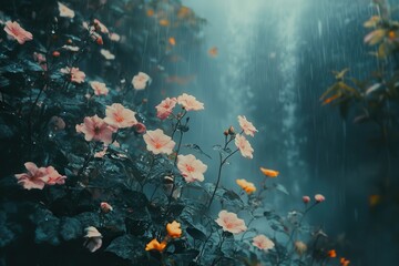 Lush garden blooms surrounded by gentle rain near a cascading waterfall creating a serene and tranquil atmosphere in nature