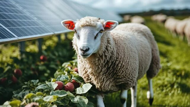 Eco-Friendly Grazing: A sheep gazes serenely amidst rows of solar panels and lush greenery, symbolizing sustainable agriculture, renewable energy, and environmental harmony.