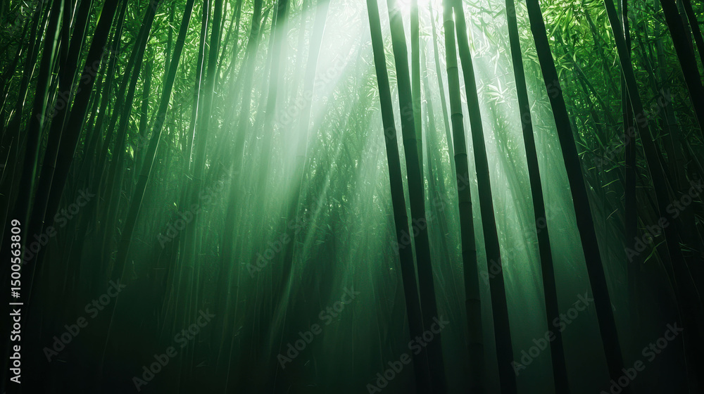 Poster sunlight filtering through tall bamboo stalks in a lush green forest creating a serene and tranquil 