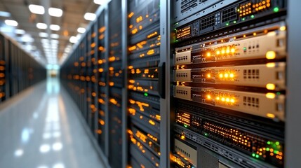 Server racks in a modern data center, showcasing rows of interconnected computer equipment with illuminated components