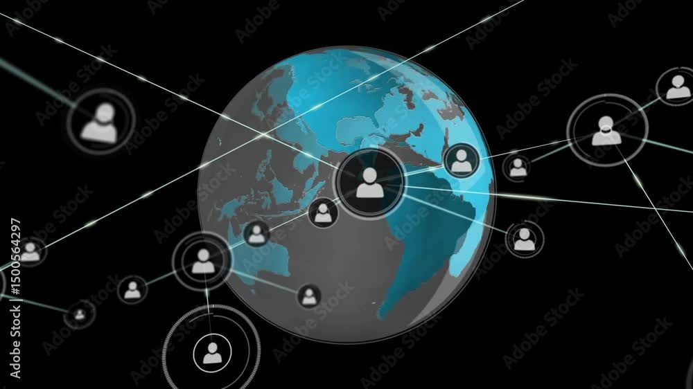 Poster fading 3d globe spawning user icons and drawing lines outward showing global network growth