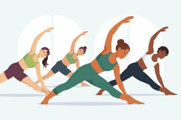 Group of women practicing yoga in bright studio