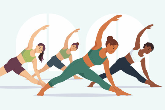 Group of women practicing yoga in bright studio