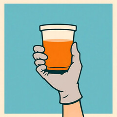 A gloved hand confidently presents a urine sample in a plastic container, symbolizing the precision and accuracy required in medical diagnosis.