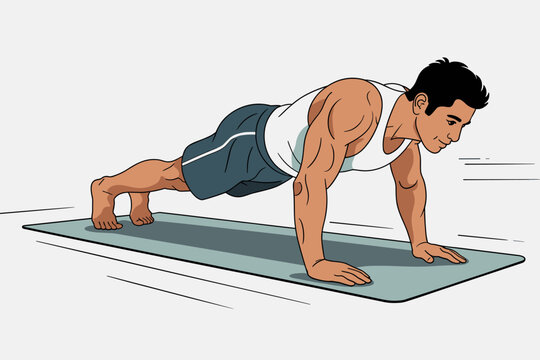 Push ups performed by muscular man on fitness mat