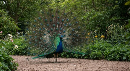Obraz premium Peacock Displaying Feathers in Garden
