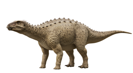 Armored dinosaur with conical spikes and spotted skin walking forward