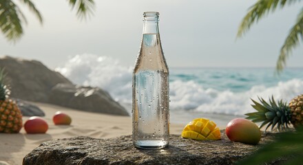 Obraz premium Refreshing water bottle with tropical fruits on a rocky beach with ocean waves
