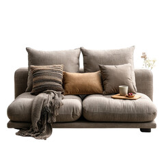 Cozy living room sofa with decorative cushions and a warm drink on a tray. isolated on a white background.