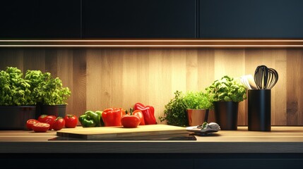 Modern kitchen counter with vegetables and herbs.