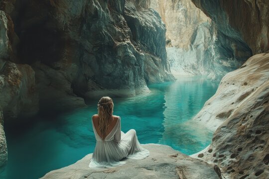 Woman relaxes by serene turquoise waters in a breathtaking cave surrounded by rocky cliffs during daylight
