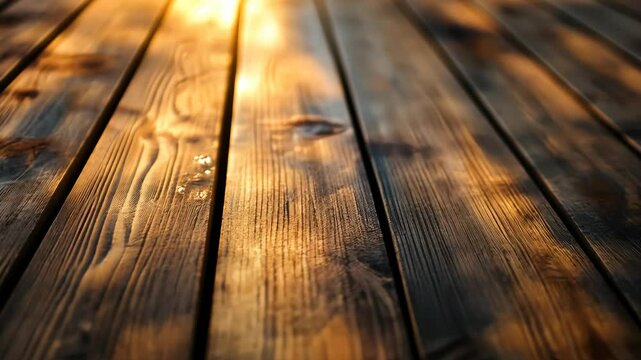 Warm-toned, close-up of weathered, parallel wood planks, lit by sunlight
