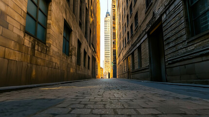 Sunlit Alleyway Between Tall Buildings in Urban Environment with Cobblestone Pathway and Modern Skyscraper Background