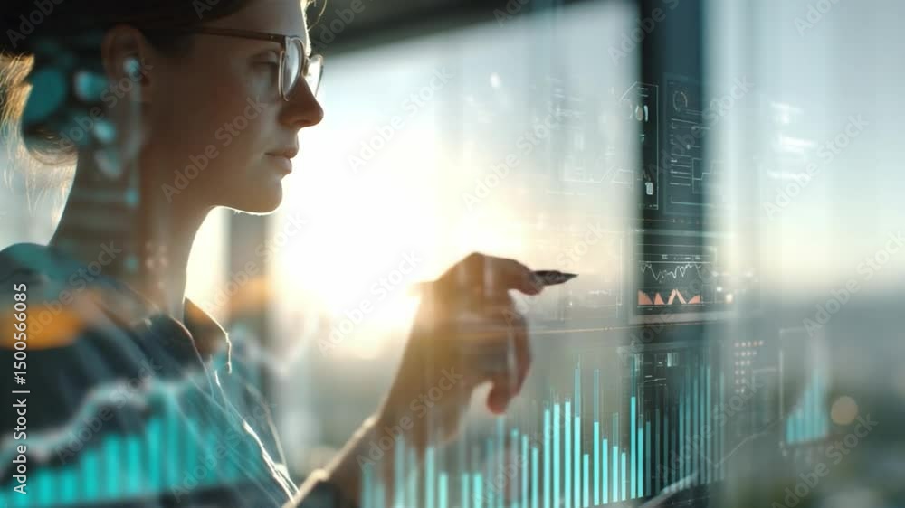 Poster woman in glasses analyzing data on digital screens with charts and graphs in modern workspace enviro
