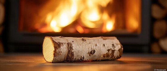 A single birch log rests before a warm, crackling fireplace, ready to be added to the flames
