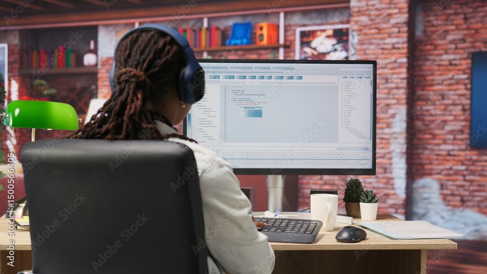 Aufkleber programmer wearing headphones types code into pc, developing software programs, entering commands. w