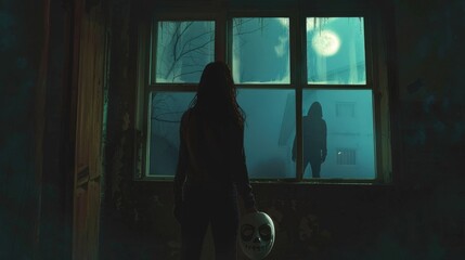A mysterious figure looms outside a window as a person holds a mask, creating an eerie atmosphere.