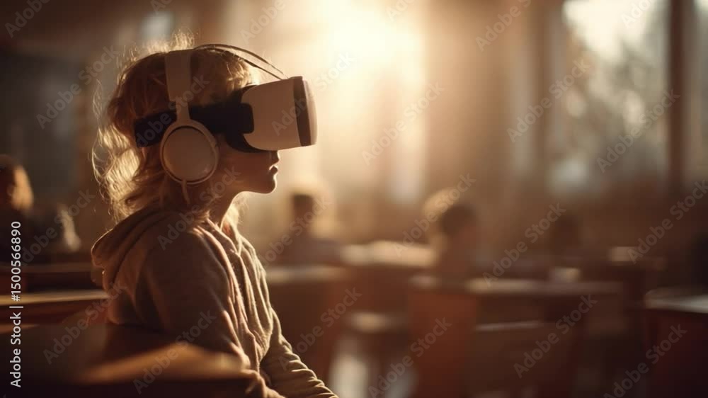 Poster Child Engaged in Virtual Reality Experience in Classroom Setting with Warm Natural Light and Soft Focus Background