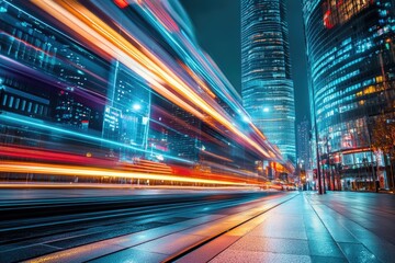 Night cityscape with vibrant light trails of a fast-moving vehicle streaking past modern skyscrapers and city streets