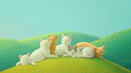A serene scene of six cats resting on a grassy hill against a soft, pastel landscape.