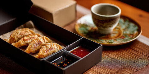 Pan fried dumpling with dipping sauce in black box served on wooden table with ceramic cup and saucer, warm inviting scene