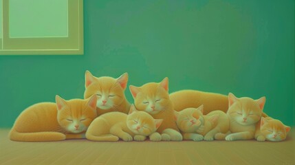 A cozy group of orange cats sleeping together on a wooden floor in a serene room.