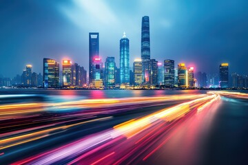 Vibrant cityscape at night, showcasing a cluster of illuminated skyscrapers along a waterfront, with streaks of colorful light trails from speeding vehicles in the foreground