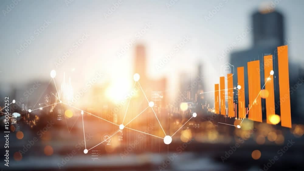 Poster abstract data visualization with graphs and charts against city skyline background during sunset wit