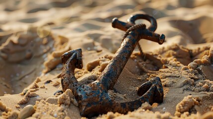 A rusted anchor resting on sandy beach, symbolizing maritime history and exploration.