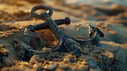 A weathered anchor partially buried in sand, evoking maritime themes and nostalgia.