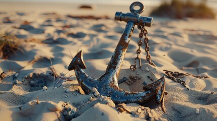 A rusty anchor resting on sandy beach, surrounded by grass and natural elements.