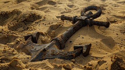 A rusty anchor partially buried in sandy terrain, evoking maritime themes and history.