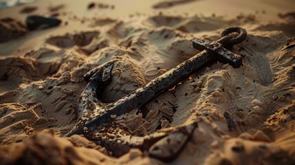 A weathered anchor rests on sandy beach, symbolizing maritime history and adventure.