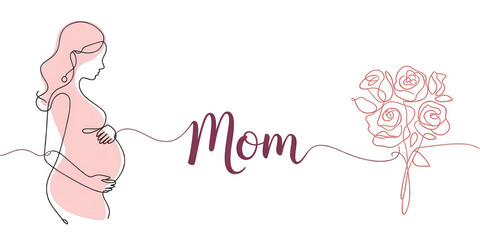 Pregnant Woman Silhouette with Rose Bouquet and Word Mom Design on Black Background Illustration
