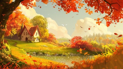 A serene autumn landscape featuring a cozy cottage by a tranquil pond surrounded by colorful trees.
