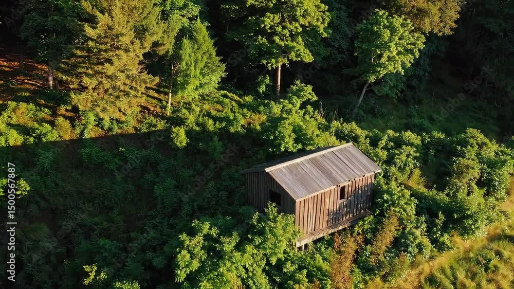 Poster aerial view of rustic cabin in serene forest setting with lush greenery