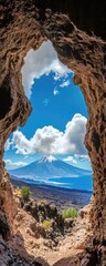 Fototapeta premium Volcanic peak viewed through a cave opening, showcasing a vibrant blue sky, fluffy white clouds, and a vast, scenic landscape