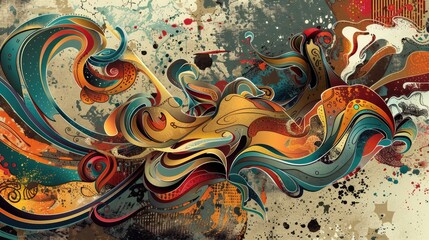 Abstract colorful design featuring swirling patterns and textures.