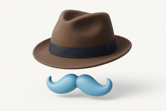 Brown Fedora Hat with Blue Mustache on White Background for Father's Day Celebration and Stylish Dad Look