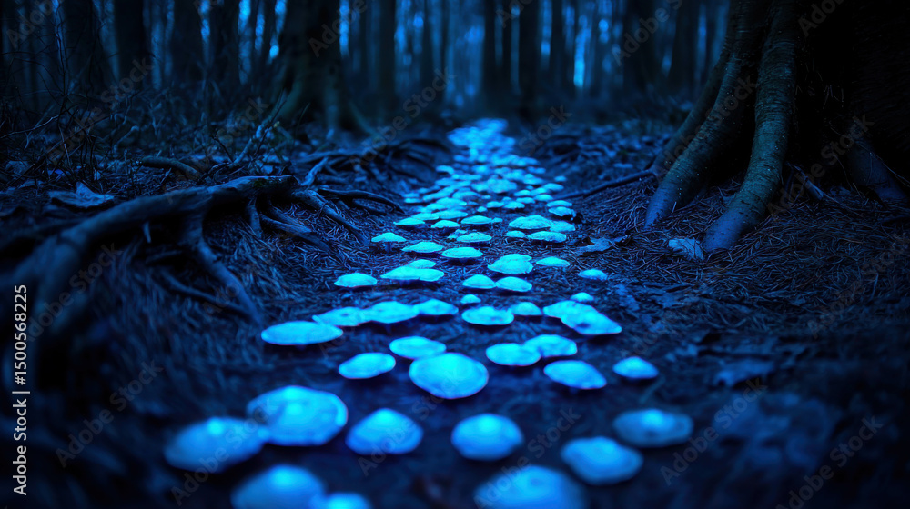Poster enchanting path of bioluminescent mushrooms illuminating a dark forest floor with trees in backgroun