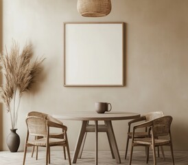 Minimalist dining area with a round wooden table, woven chairs, pampas grass, and a large square framed blank canvas against a beige wall.  Soft, natural light illuminates the scene